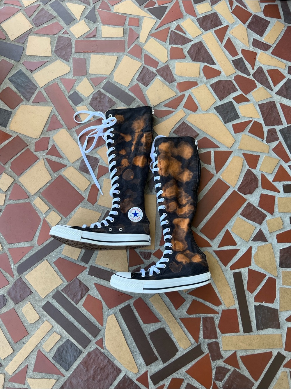 Converse Women Lace-Up Knee-High Boots in Black with Bleach Pattern